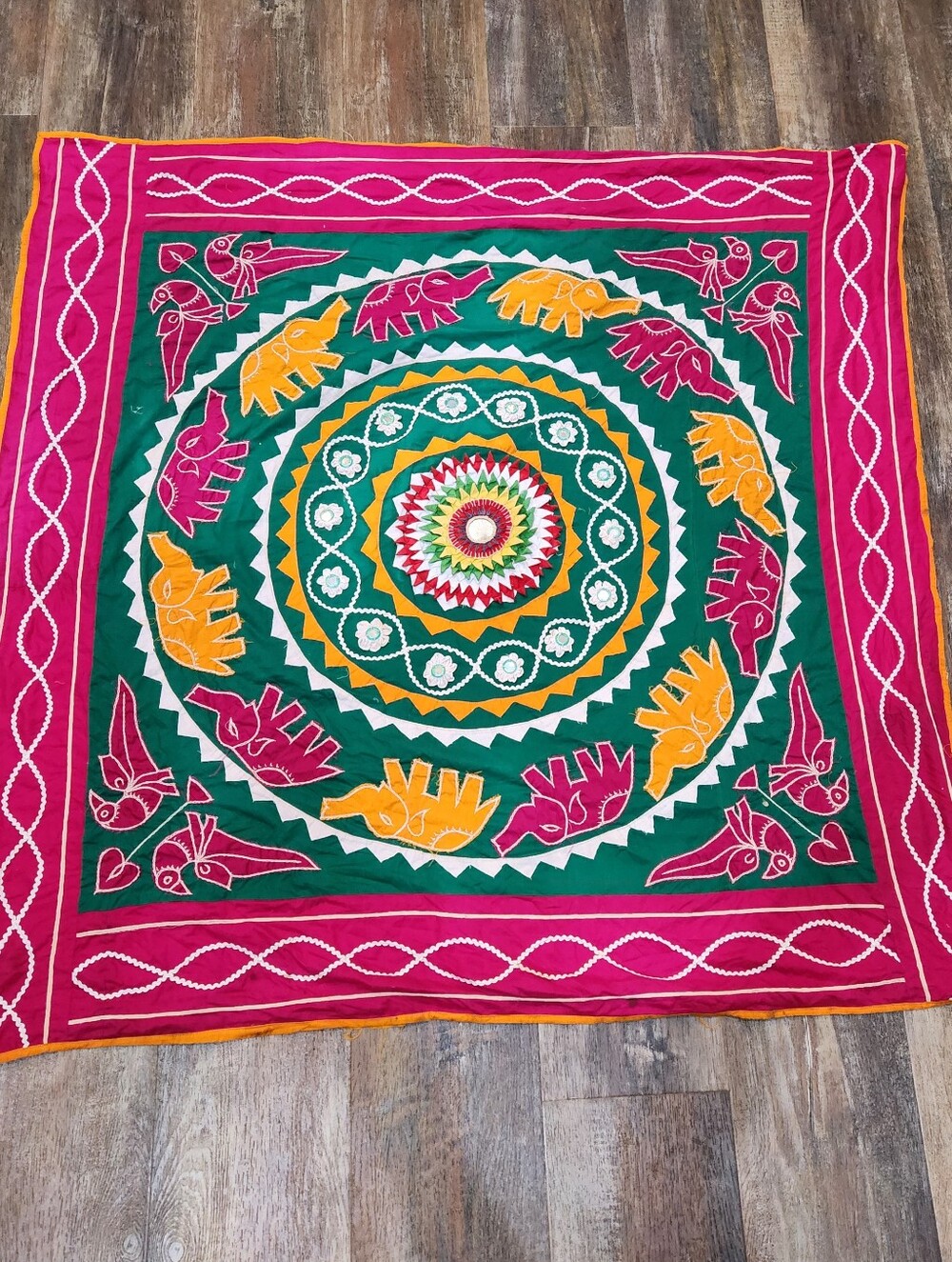 Vibrant 45" Vintage Indian Pipili Appliqué Elephant Tapestry Wall Hanging